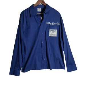 Ford Mustang King of the Road Blue Button Up Shirt Mens Medium Long Sleeve